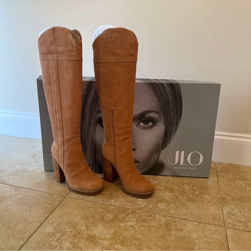Jennifer Lopez Tall Heeled Boots in Cognac Brown